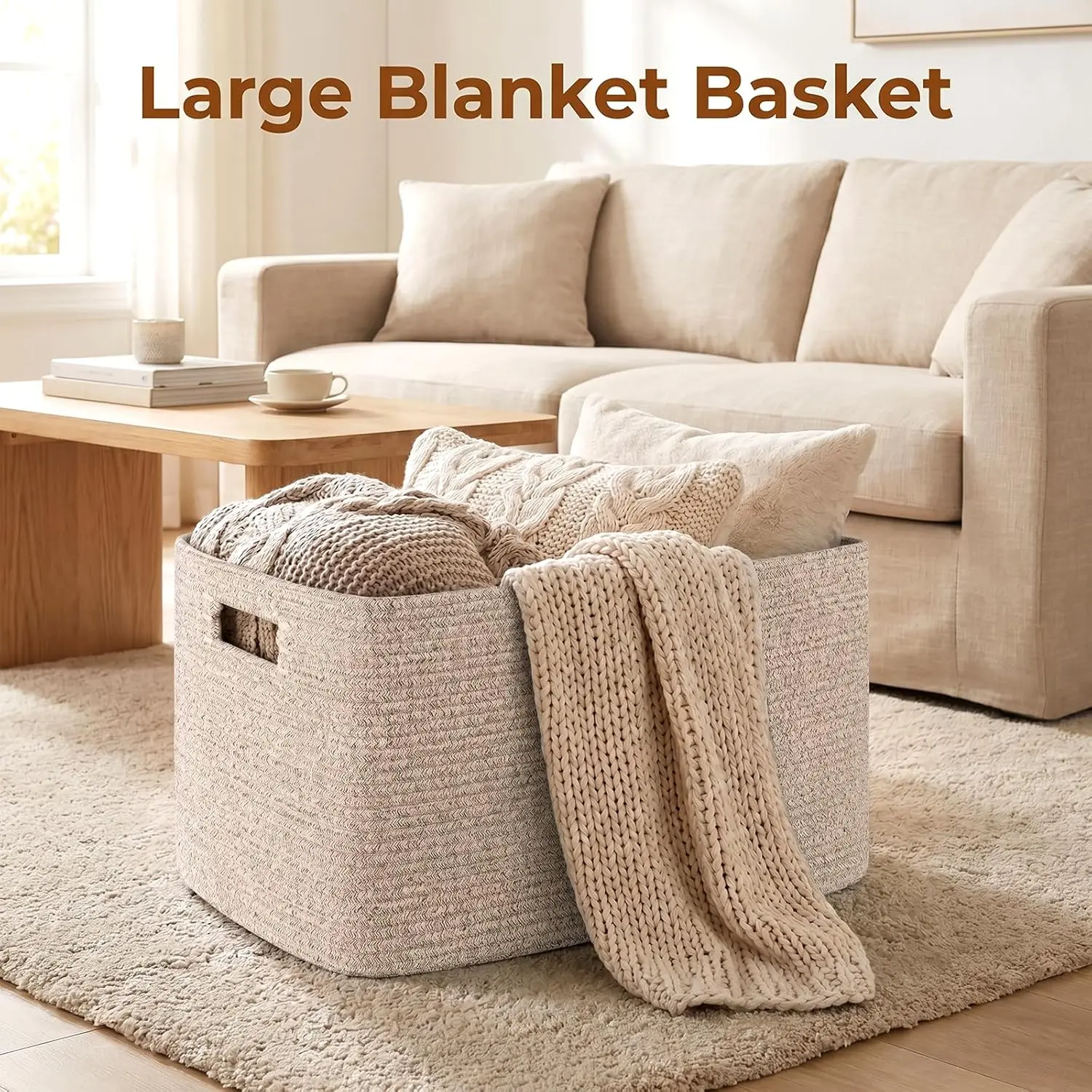 75L Large Woven Cotton Rope Storage Basket with Handle for Organizing Blanket and Toys for Living Room, Nursery, Brown Variegated 22”X17”X12” OIAHOMY