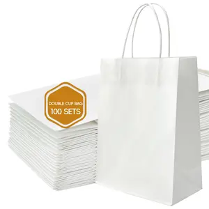 100pcs White Kraft Paper Bags with Handles 8x4.5x10.8 Inch Bulk Gift Bags for Coffee Beverages Customizable Logo Print Ideal for Packaging vevor kraft paper bag