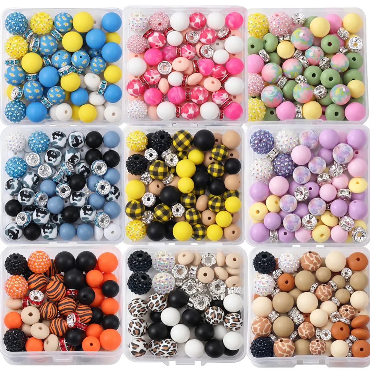 A Box Containing 64pcs of Assorted 15Mm Printed Silicone Beads, Solid Color Silicone Beads, Lentil Beads, And a Mix of 16Mm Acrylic Resin Bayberry Ball Rhinestone Beads, Ideal for Crafts, Bead Pens, Keychain Charms, And More