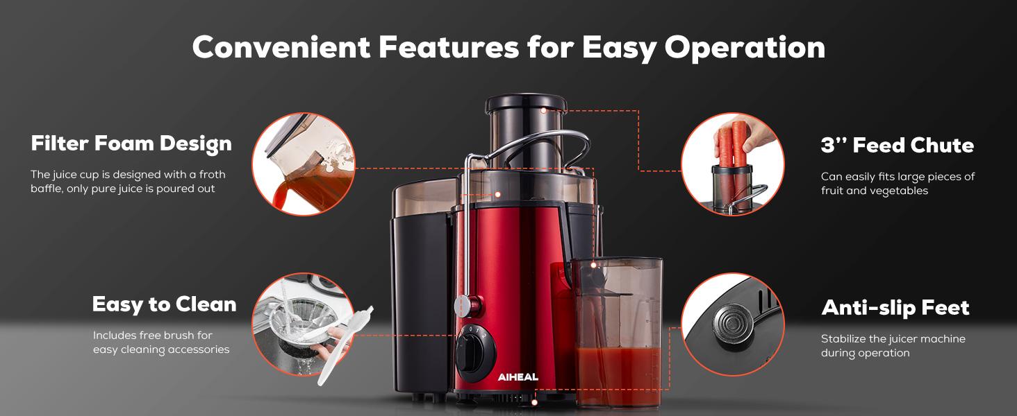 Aiheal Juicer Machines, Centrifugal Juicer Extractor 3 Speeds with 3'' Feed Chute for Whole Fruit and Vegetables, Stainless Steel, Easy to Clean, Cleaning Brush and Recipe Included, RED