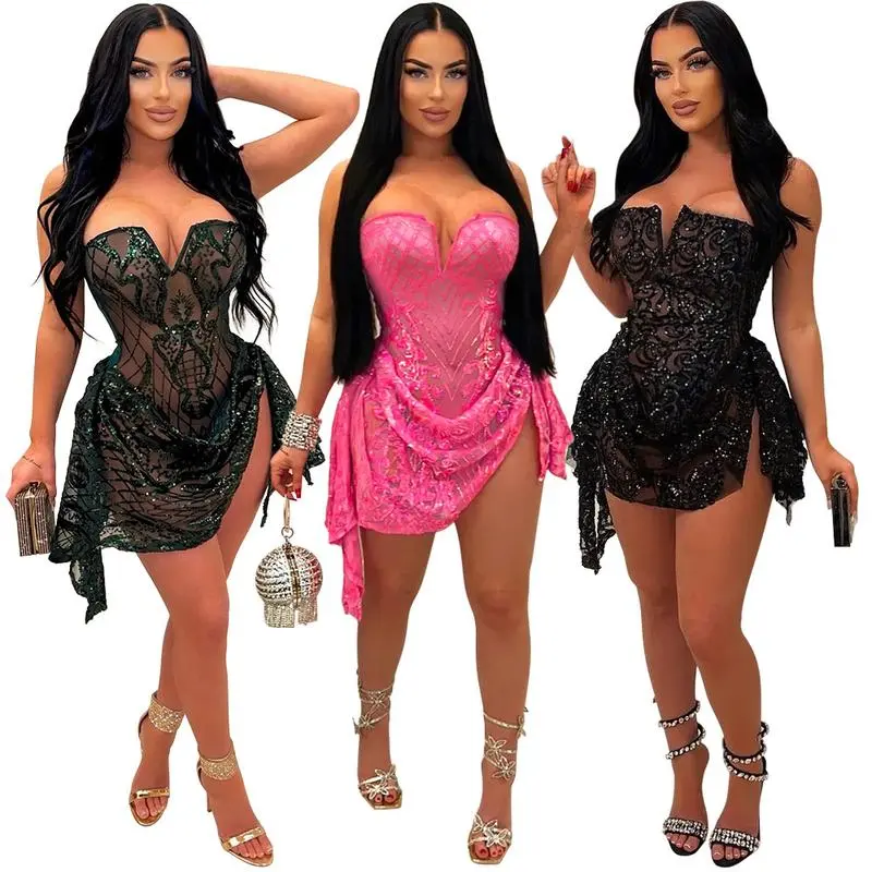 New Lady's V-neck Halter Tube Top, See-through Sequins Green Bodycon Dress with Irregular Side Slit Skirt, Minimalist Formal Wear for Female Sports Outerwear (Comfortable Workwear), Women's Clothes, Half Sleeve, Bodycon Fit, Side Slits, Sequined Look