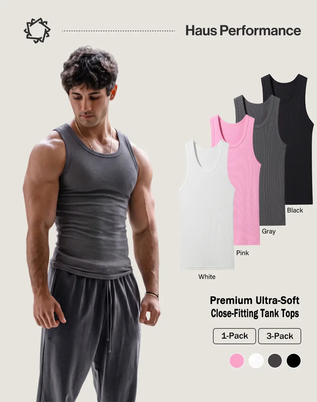 3-Pack Premium Soft Ribbed Men’s Slim Fit Tank Tops, Solid Color Basic Sleeveless Undershirts for Everyday Commuting, Multiple Colors Available, Elegant, Plain, Basic Look