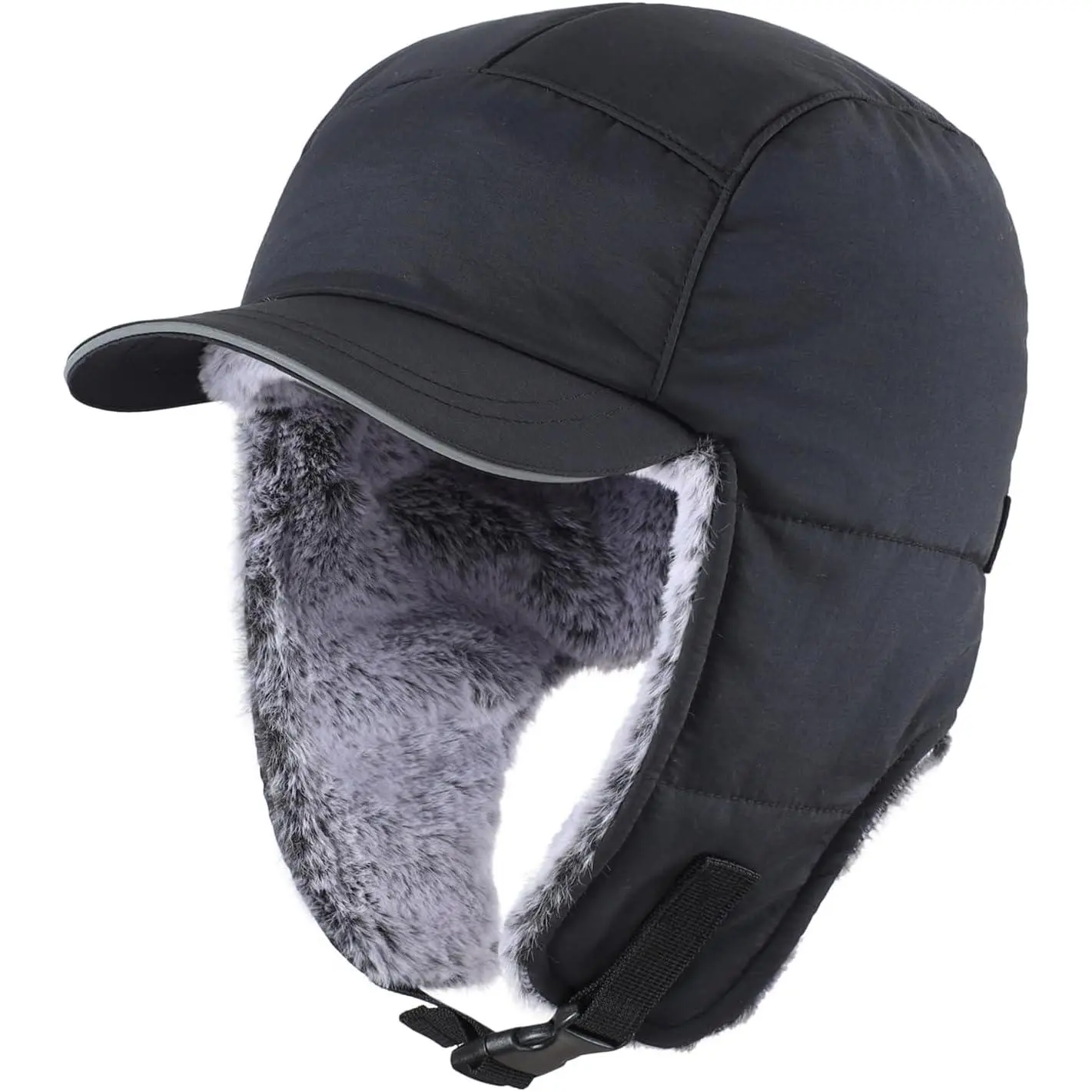Men's Synthetic Solid Trapper Hat - Faux Fur Lined, Waterproof, Windproof, Warm Furry Hat for Adult Males, Cold Weather (Black, Dark Grey)