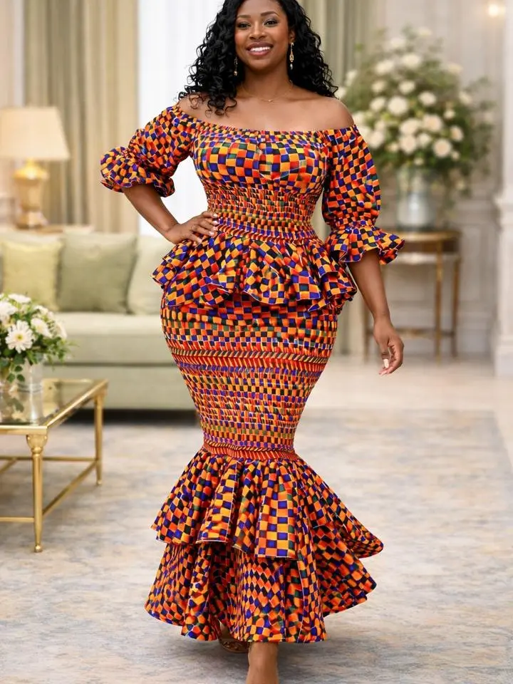 Orange & Blue Kente-Inspired Mermaid Dress  Peplum African Print Skirt and  Top Outfit - TikTok Shop