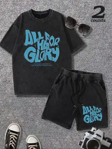 Men's All for Glory Print Short Sleeve Graphic Tee & Shorts Two-Piece Set, Regular Fit Casual Round Neck T-shirt & Track Shorts, Men's Summer Clothes, Cotton