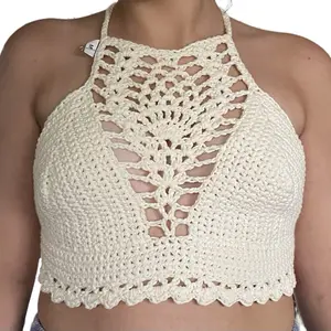 Handmade Crochet Pineapple Detail, Lace-Up Crop Top - Medium