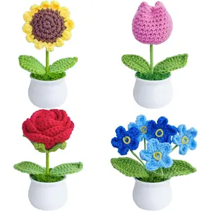 Crochet Flowers Artificial Sunflower Red Rose Tulip Forget Me Not for Cute Office Desk Car Accessories Decor, Handmade Knitted Flower Potted Plants Gift for Women, Birthday Party Home Desk Decoration