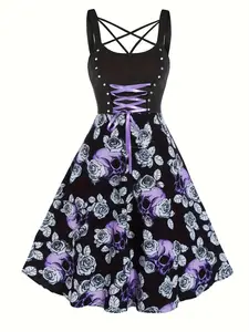 Women's Floral & Skull Print Lace Up Criss Cross Dress, Punk Fashion Scoop Neck Sleeveless A Line Dress for Party Holiday Vacation, Ladies Summer Clothes, Evening Party Dresses