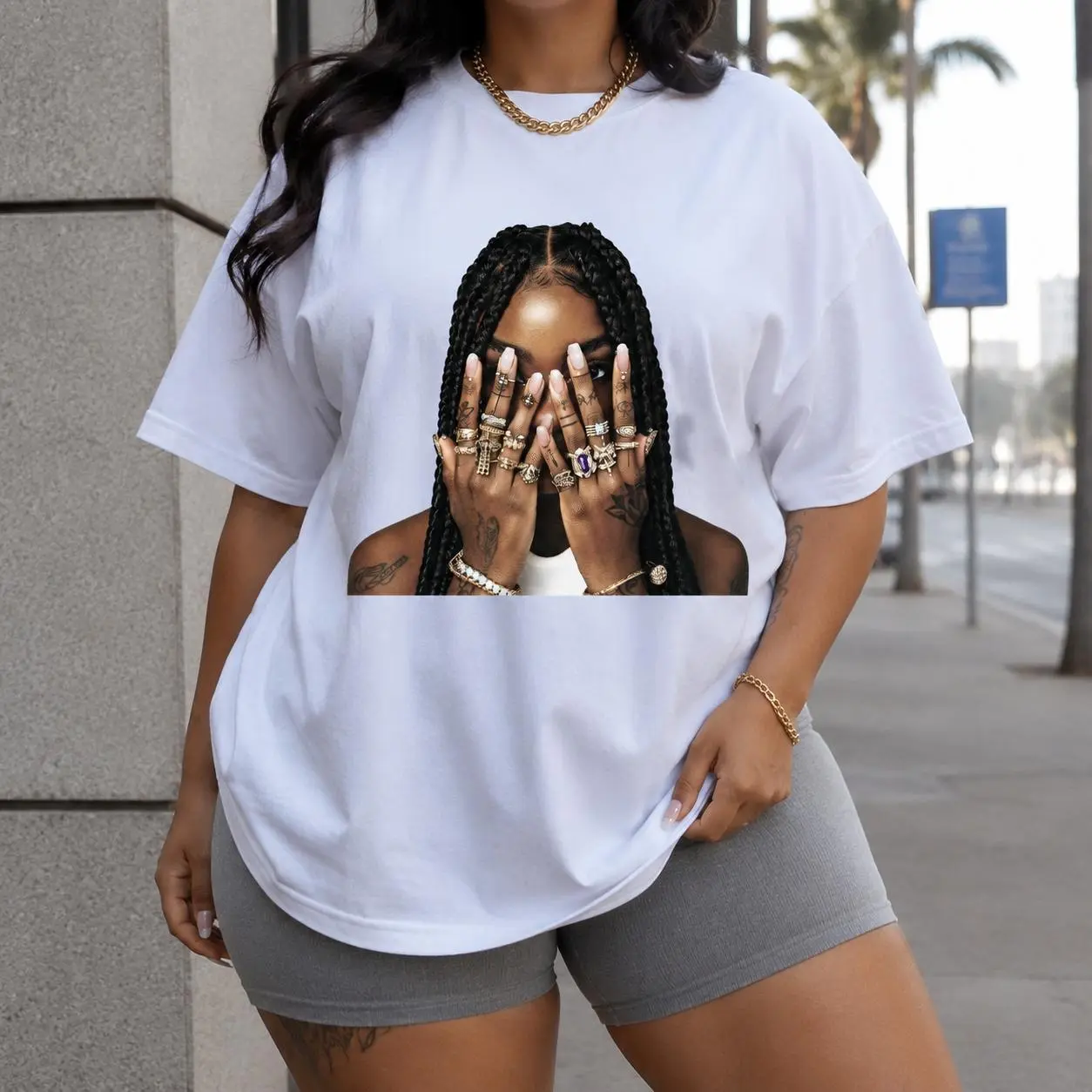 Urban Hip Hop Graphic T Shirt For Women Braids Girl Bling Rings Portrait Art Print Oversized Crewneck Short Sleeve Top Trendy Street Casual Weekend Outfit Apparel