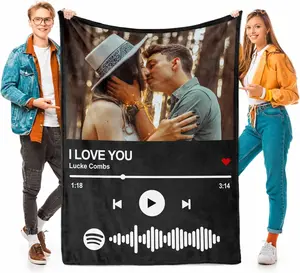 Personalized Spotify Code Music Blanket Custom Blanket with Picture Text Customized Blanket Thows Photo Blankets Customize Valentines Day Gifts for Mom Dad Couple Girlfriend Boyfriend Wife Husband
