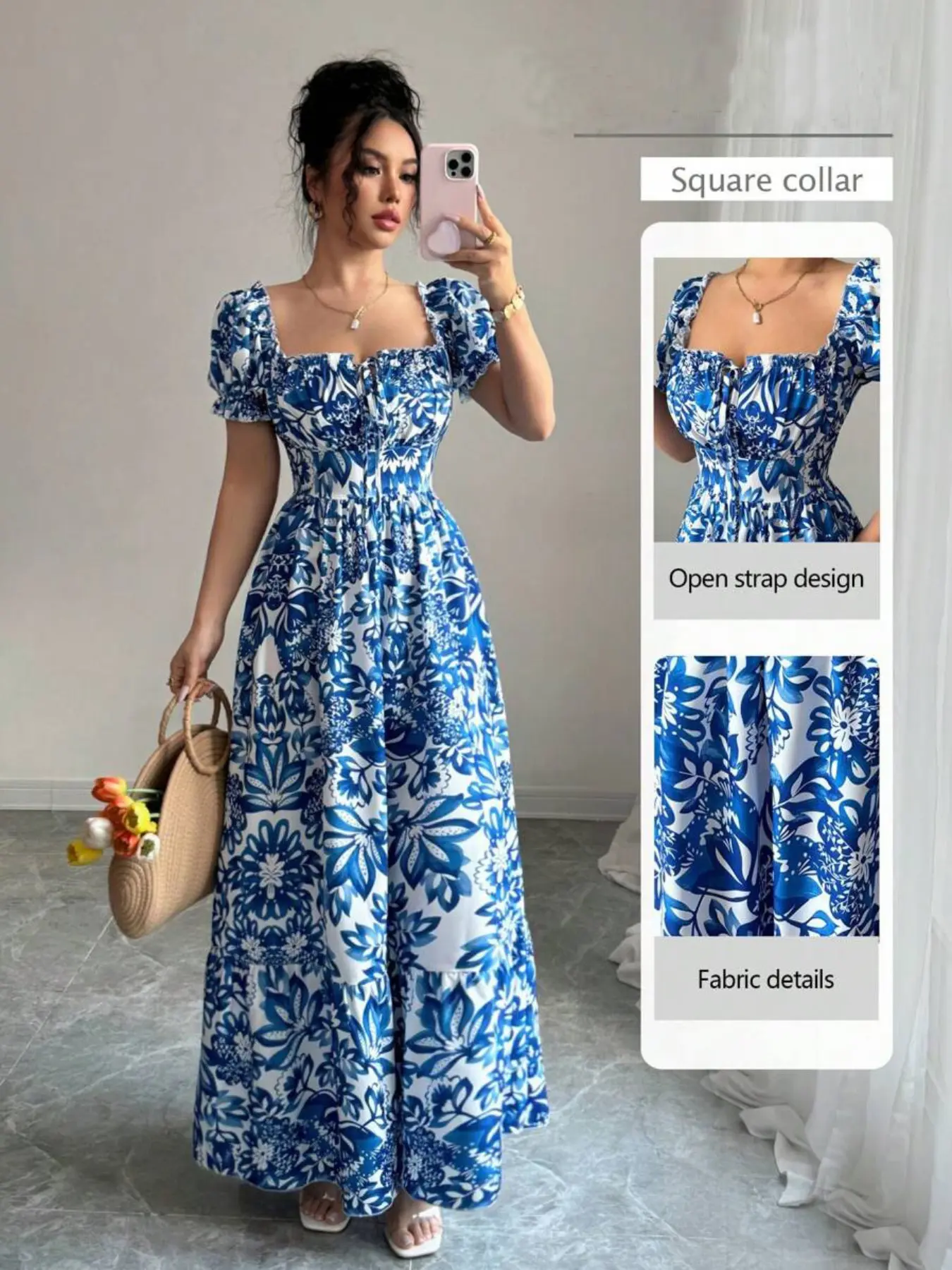 knee length dresses for ladies Floral Square Neckline Mini Dress – Katherine Jean main image 0