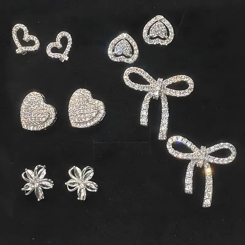 【Black Friday】Women’s Elegant Copper Stud Earring Set with Heart, Bow, and Flower Designs, Party Jewelry for Year-Round Wear, Gift Box Included