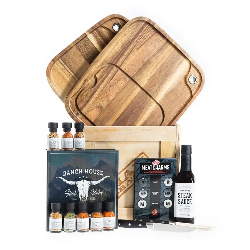 Man Crates Steak Night Crate – Solid Wood Plates, Stainless Steel Knives, Steak Charms, Seasonings & Sauces