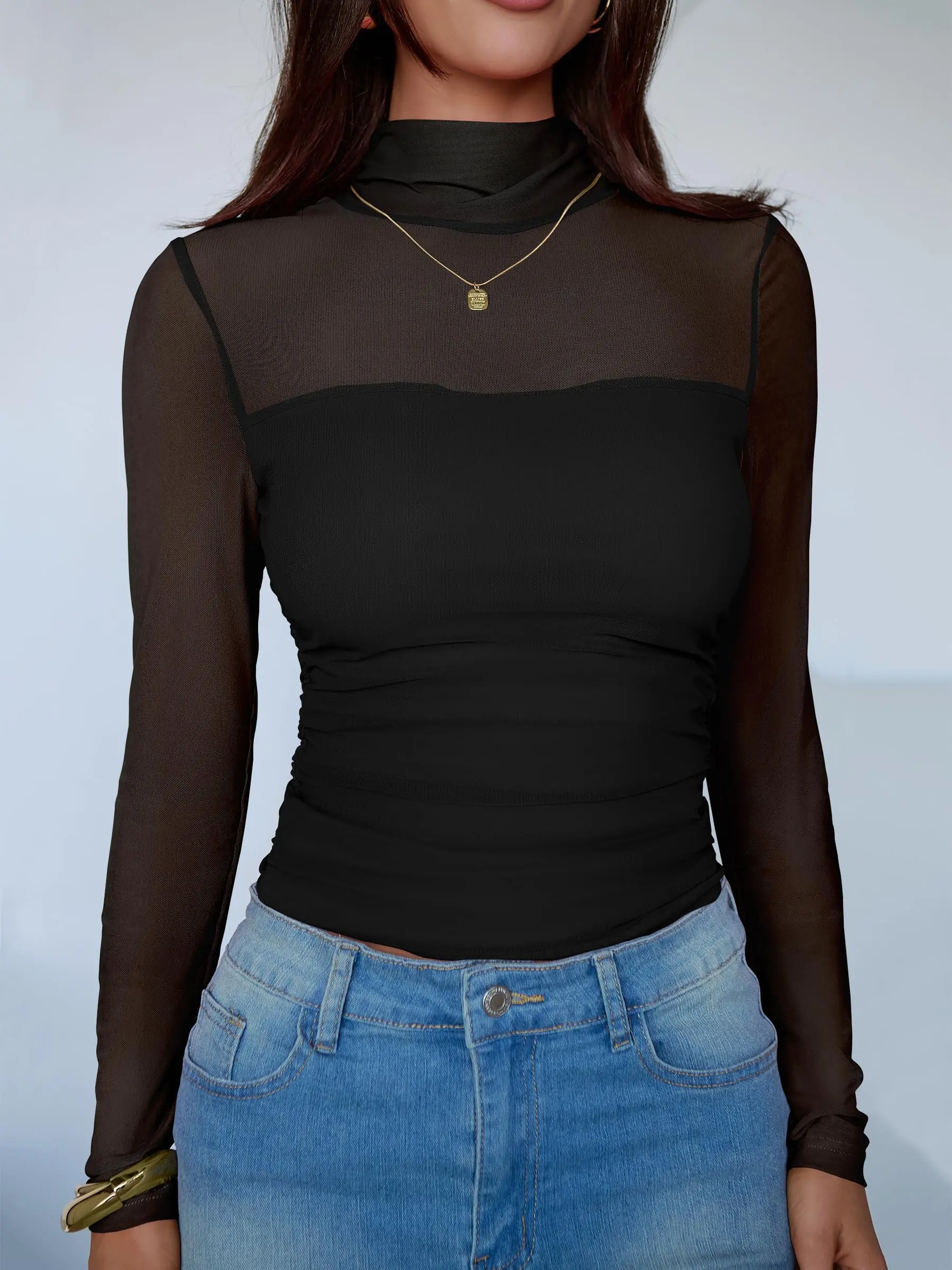 ANRABESS Womens Sexy Mesh Long Sleeve Shirts Trendy Mock Neck Sheer Ruched Going Out Tops Fall Slim Fit Blouses 2026