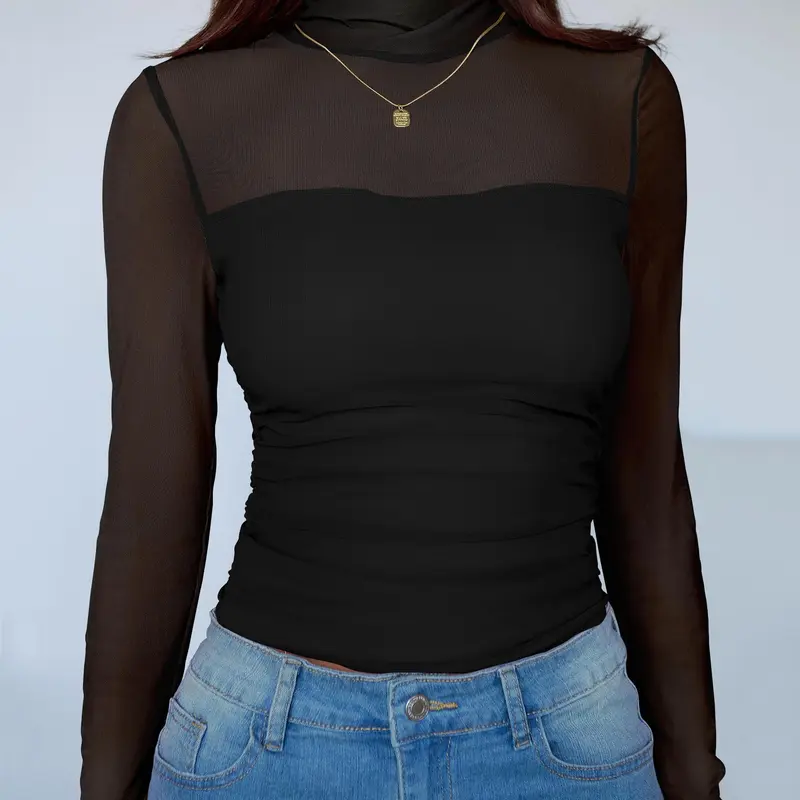 ANRABESS Womens Sexy Mesh Long Sleeve Shirts Trendy Mock Neck Sheer Ruched Going Out Tops Fall Slim Fit Blouses 2026