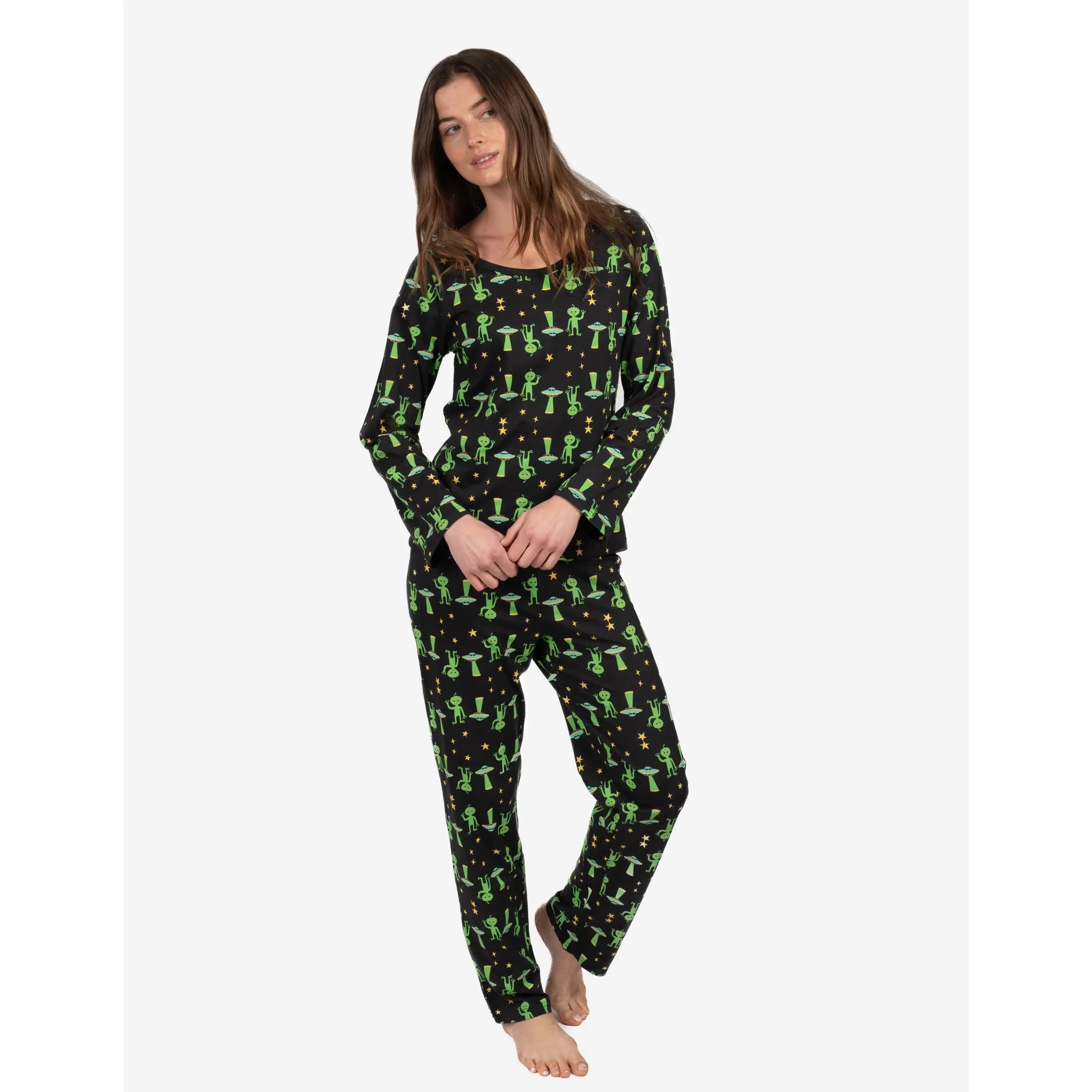 Womens 2pc Cotton Loose Fit Black Alien Halloween Pajamas