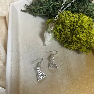 Good Luck Charm Necklace & Hollow's Earrings - Spell Design, Silver Pendant & Hook Earrings for Green Witch Side