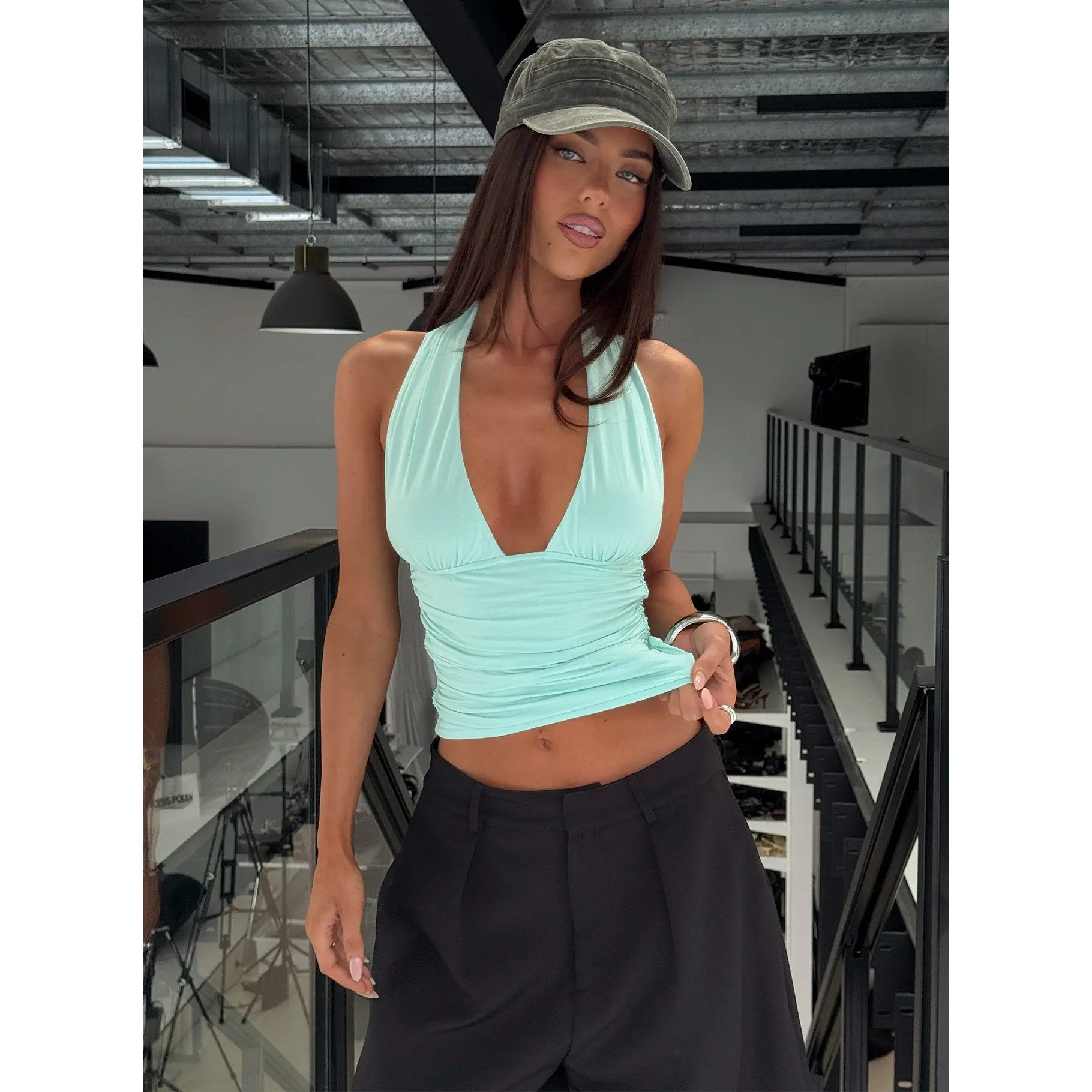 Keerah Tie Neck Halter Top Aqua