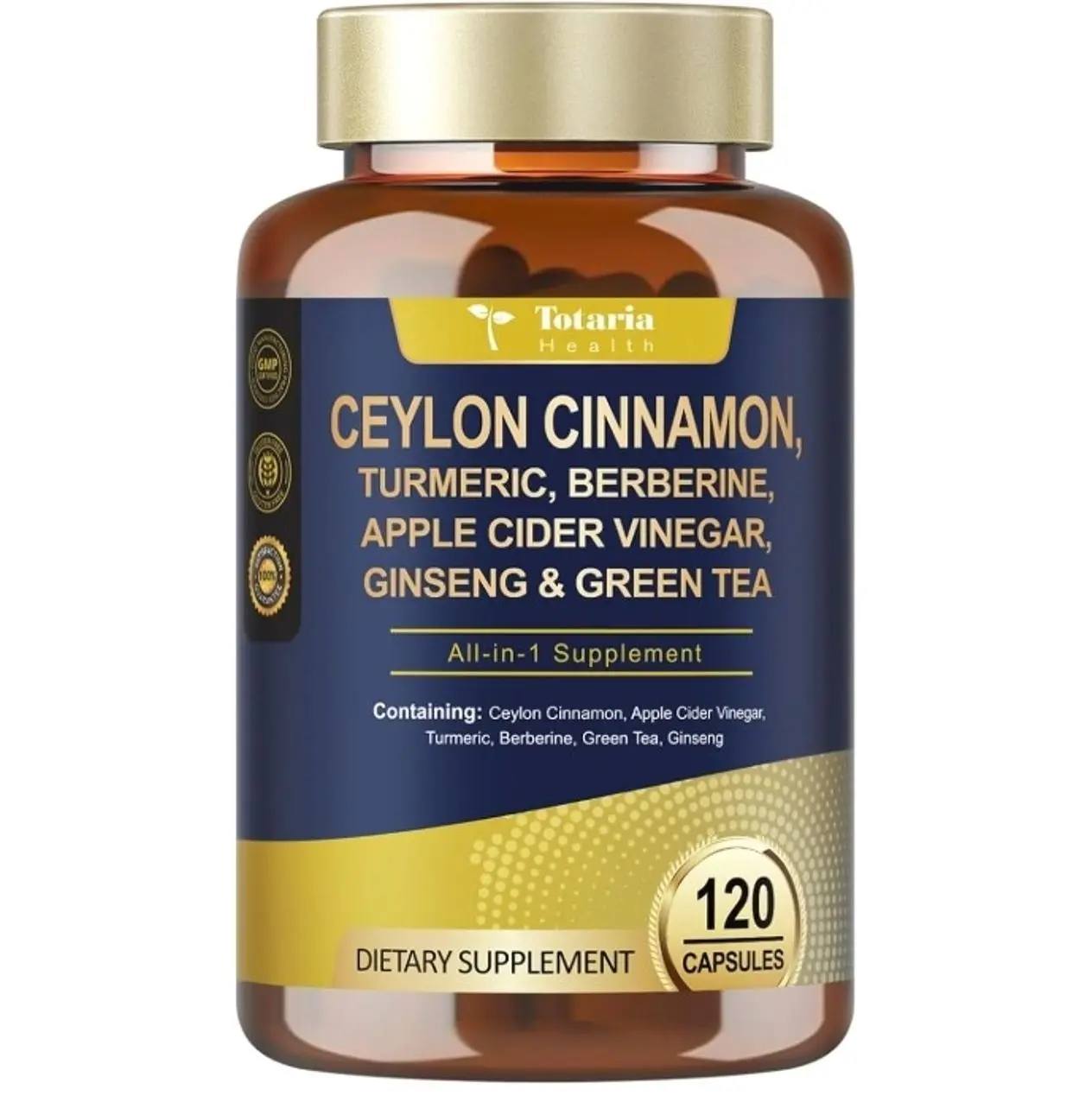 18-in-1 Organic Ceylon Cinnamon Capsules with Berberine, Ceylon Cinnamon Supplement w/Apple Cider Vinegar Turmeric Bitter Melon Milk Thistle, for Metabolism, Energy, Heart*, 120 Counts