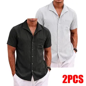 Men's 2 Pack Linen Blend Short Sleeve Shirts, Cuban Collar Button Down Tops, Breathable Casual Shirts for Daily & Beach Wea