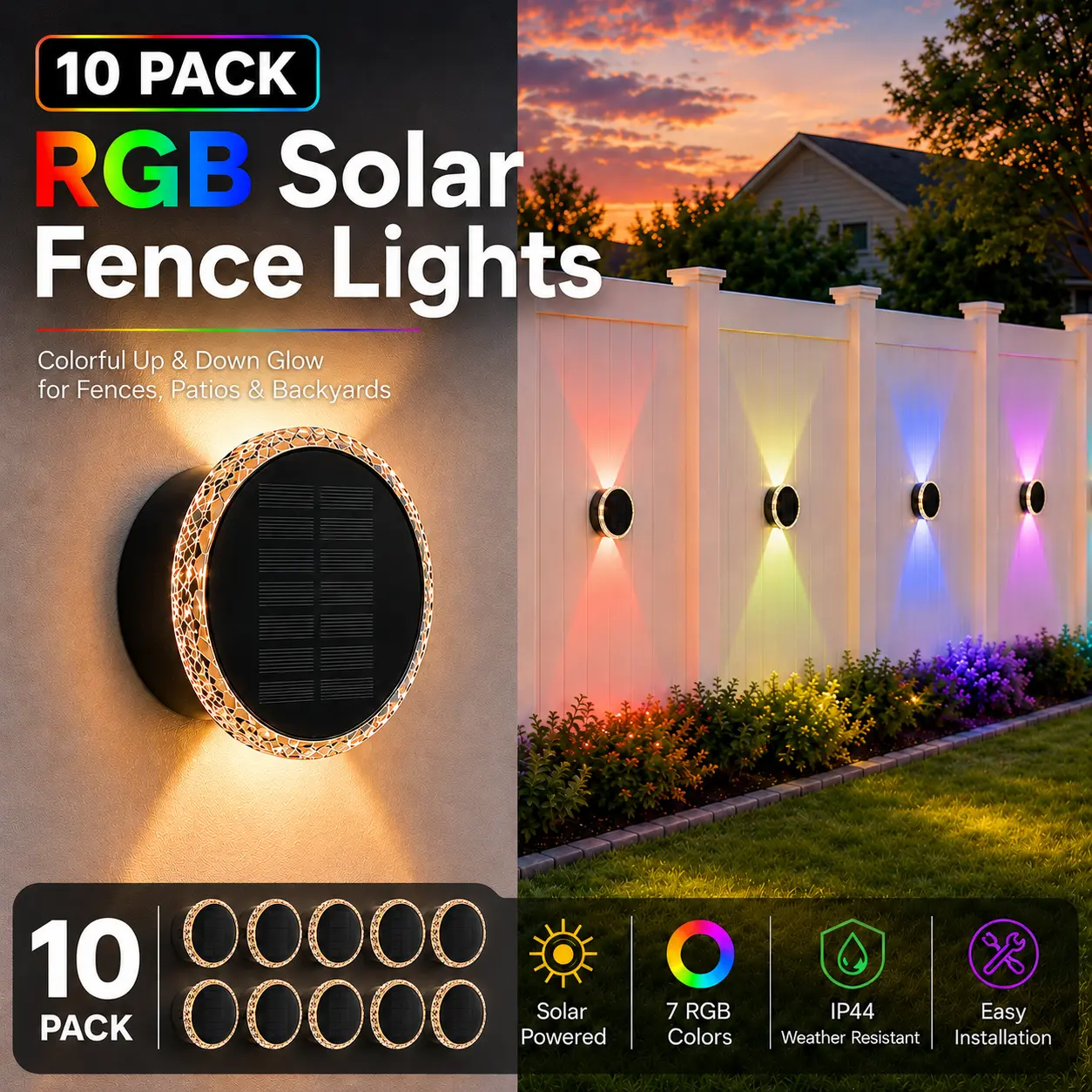 DERAYSION Solar LED Up & Down Wall Sconce Lights, IP44 Waterproof Outdoor Wall Washer Light, 3 Color Modes / RGB Color Changing Options, Dusk to Dawn Solar Fence Light for Patio Garden Porch Yard, 2/4/6/8/10 Pack