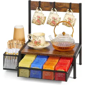 Tea Bag Organizer, Wood Tea Organizer and Storage Chest, Tea Bag Holder with Storage Drawer, 4 Hooks for Tea Cups Holder, Tea Station Display Container Box for Countertop Kitchen