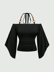 LUSHLACE x ROMWE Hippie Spring/Summer Gyaru Vintage Oversized Off Shoulder Wooden Bead Decor Flounce Sleeve Women T-Shirt, Black Top