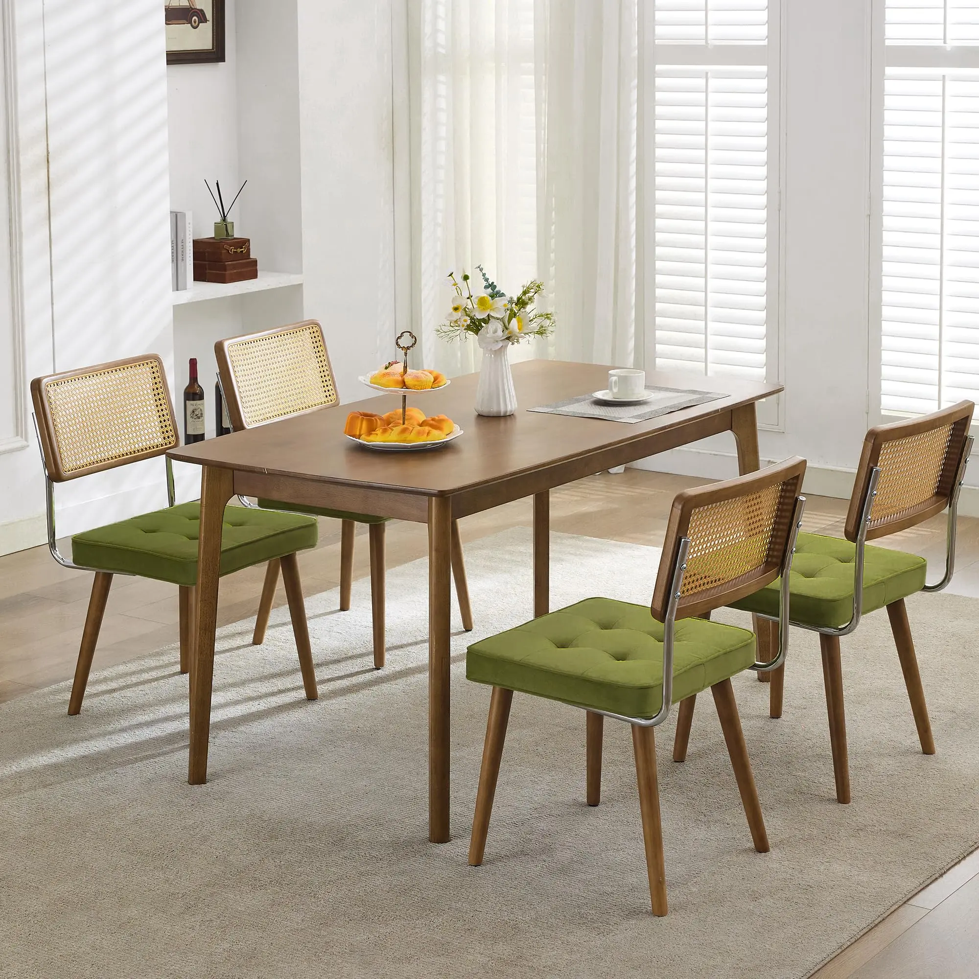 Garvee Modern Boho Dining Chairs Set of 4 – Natural Rattan Back, Curved Wood Frame, Soft Upholstered Seat, Rubberwood Legs, Mid Century Style – Perfect for Kitchen, Dining Room
