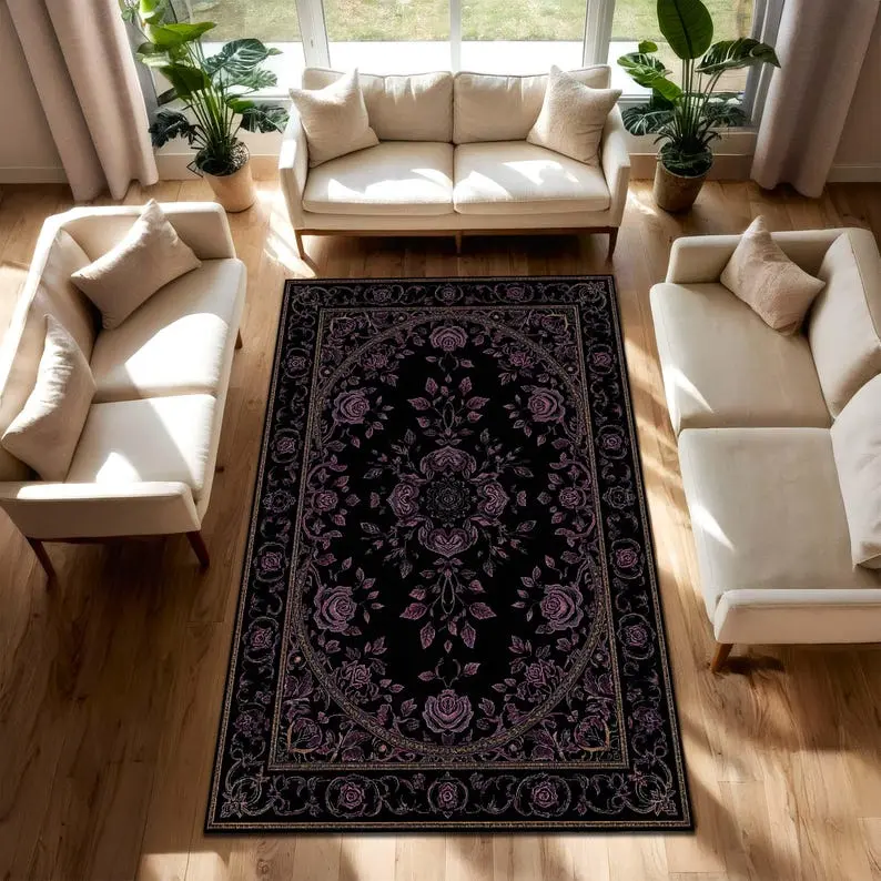 Black Gothic Floral Rug with Purple Roses, Vintage Medallion Area Carpet, Dark Boho Victorian Living Room Decor, Non Slip Washable Floor Mat