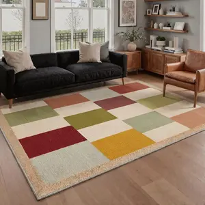 Area Rugs Machine Washable Non Slip Low Pile Rugs for Living Room, Bedroom, Dining Room, Modern Minimalist Print Pattern, Color Block, Warm Earth