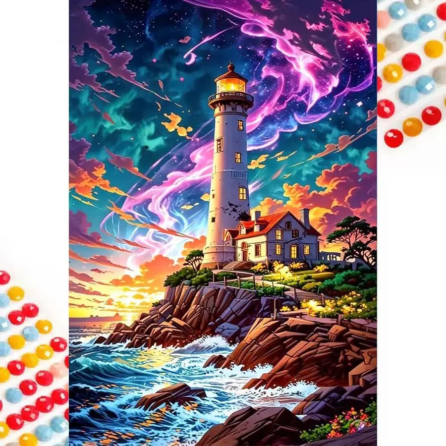 1 set DIY diamond painting kit, 5D diamond art set, DIY decoration lighthouse, sea waves, starry sky mosaic, diamond art, DIY art home decor, Diamond Art Tools