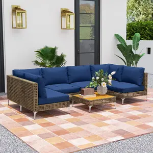 7 Piece Wicker Patio Furniture Set Modular Outdoor Sectional with Thickened Cushions Acacia Wood Table Brown Blue Weather Resistant Design Comfortable Seating Elegant Table