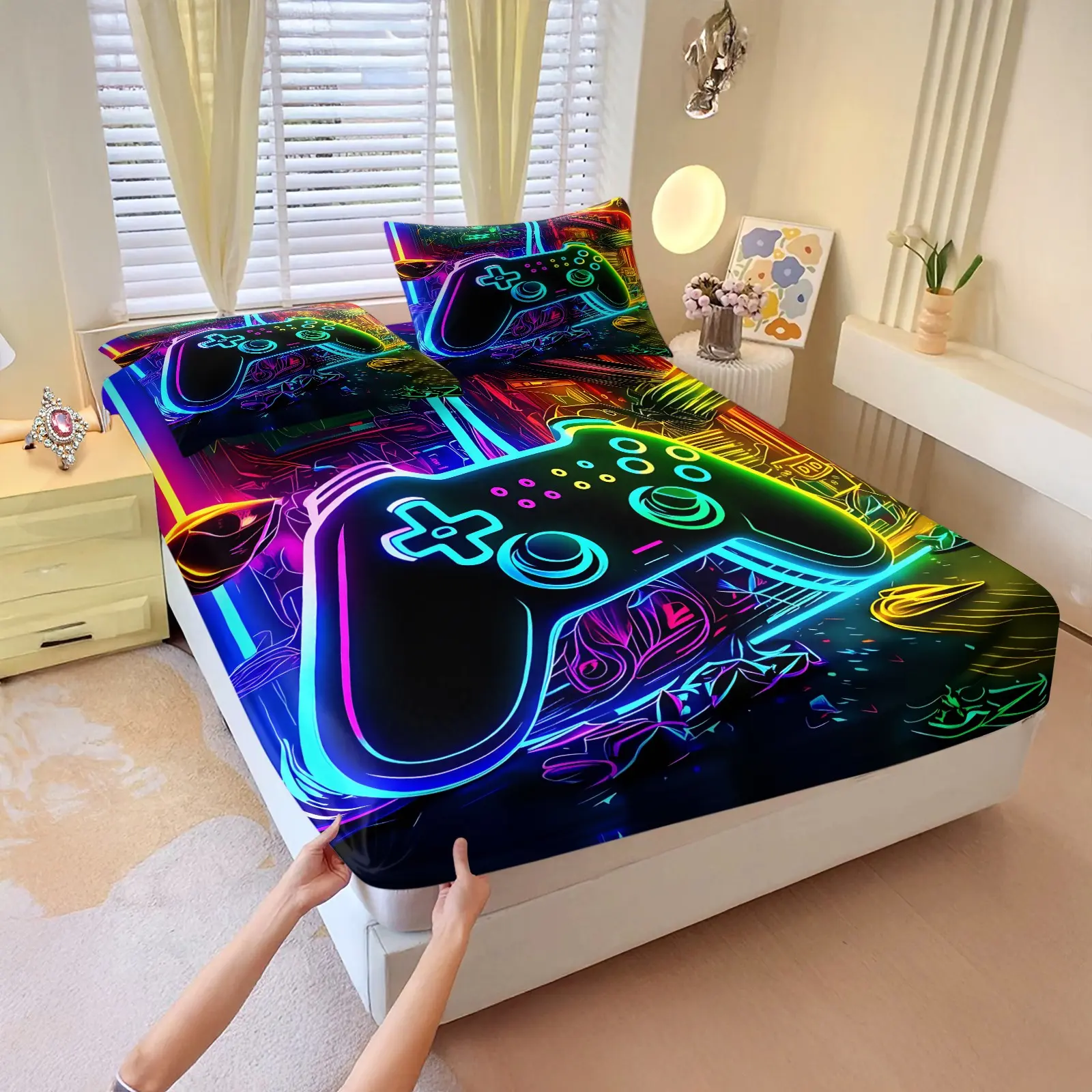 Neon Gaming Controller Fitted Sheet Set, Bed Sheets Set, Bedsheet Set, Cyberpunk Gamer Themed Bed Sheet Set, Including 1 Fitted Sheet & 2 Coreless Pillowcases, 3D Neon Print Bedding, Ideal for Boys Teens Bedroom Gaming Room Dorm Decor