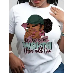 Women's Cotton T-Shirt - "Know Your Worth Then Add Tax" Empowering Graphic Tee with Stylish Woman & Fashion Glasses Design, Breathable Round Neck Short Sleeve Casual Top for Spring/Summer, Ladies T Shirts, Casual Attire, Casual Style