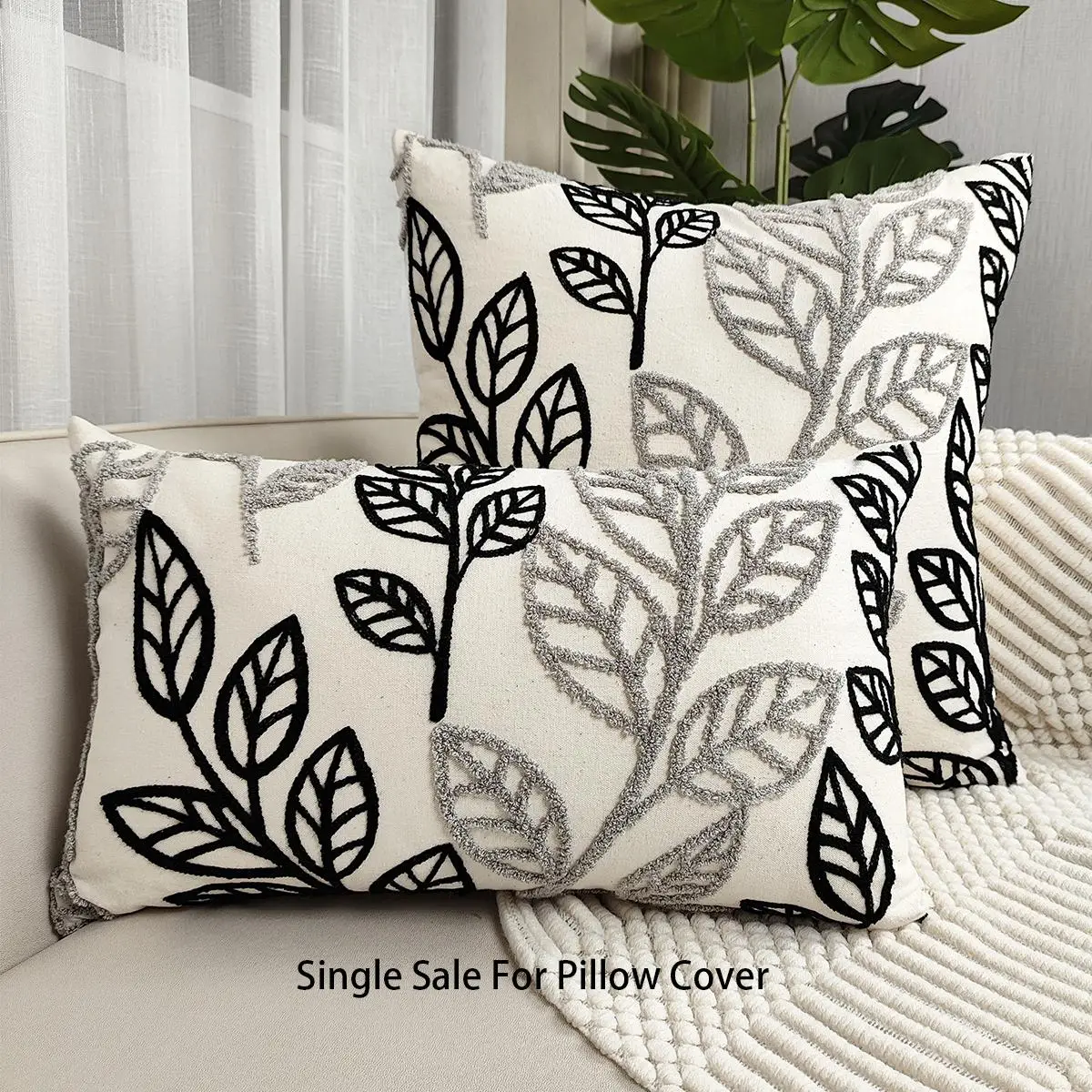 Leaf Pattern Cushion Cover Without Filler, 1 Count Soft Embroidered Throw Pillow Cover for Home Office Living Room Bedroom Sofa Couch Decor