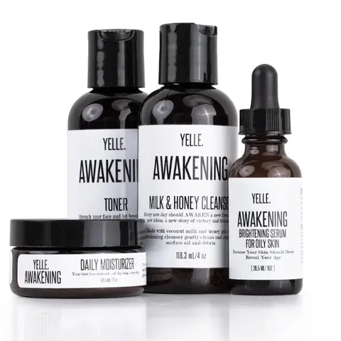 YELLE. Awakening 4 Piece Treatment System - Toner, Milk & Honey Cleanser, Moisturizer, Daily Moisturizer & Brightening Serum for Dilyseous Skin