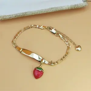 2026 New 14K Gold Plated Cute Strawberry Charm Bracelet for Kids & Little Girls, Sweet Curved Blank Tag Design Chain, Trendy Spring New Arrival Fashion Jewelry, Dainty Lightweight Gift for Children Daily Wear & Holiday Presents
