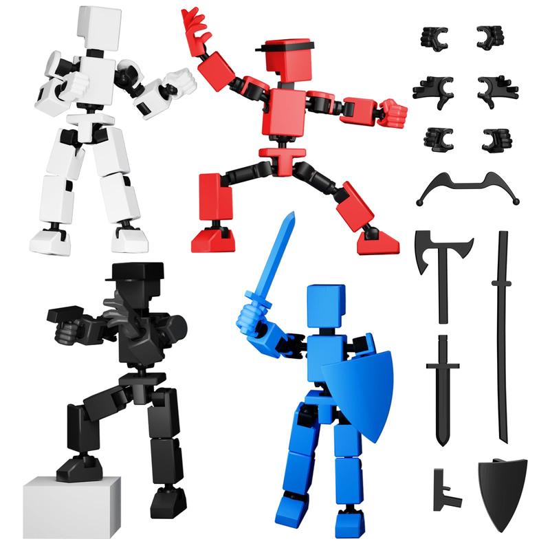 4PCS Mini Titan T-13 Action Figures Set Assembly Completed Luck Dummy Robot 13 Action Figure Toys for Boys Stick Figures with Multi Joints Movable Fidget Gifts for Kids