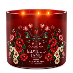 GooseCreek Ladybug Lane 3-Wick Candle 14.5 oz Soy Wax Blend with Essential Oils Red Floral Design