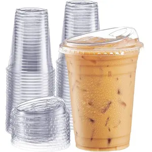 100 Sets Crystal Clear Plastic Cups With Strawless Sip-Lids