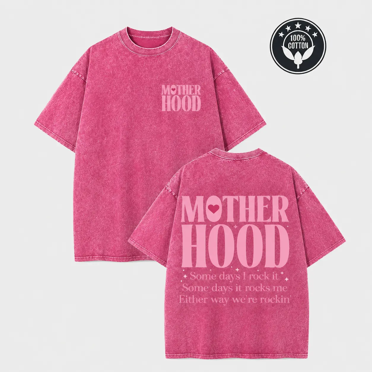 Motherhood Graphic Tee for Women, Vintage Washed 100% Cotton Oversized Mom Shirt with Front Back Print, Mother’s Day Gift Top