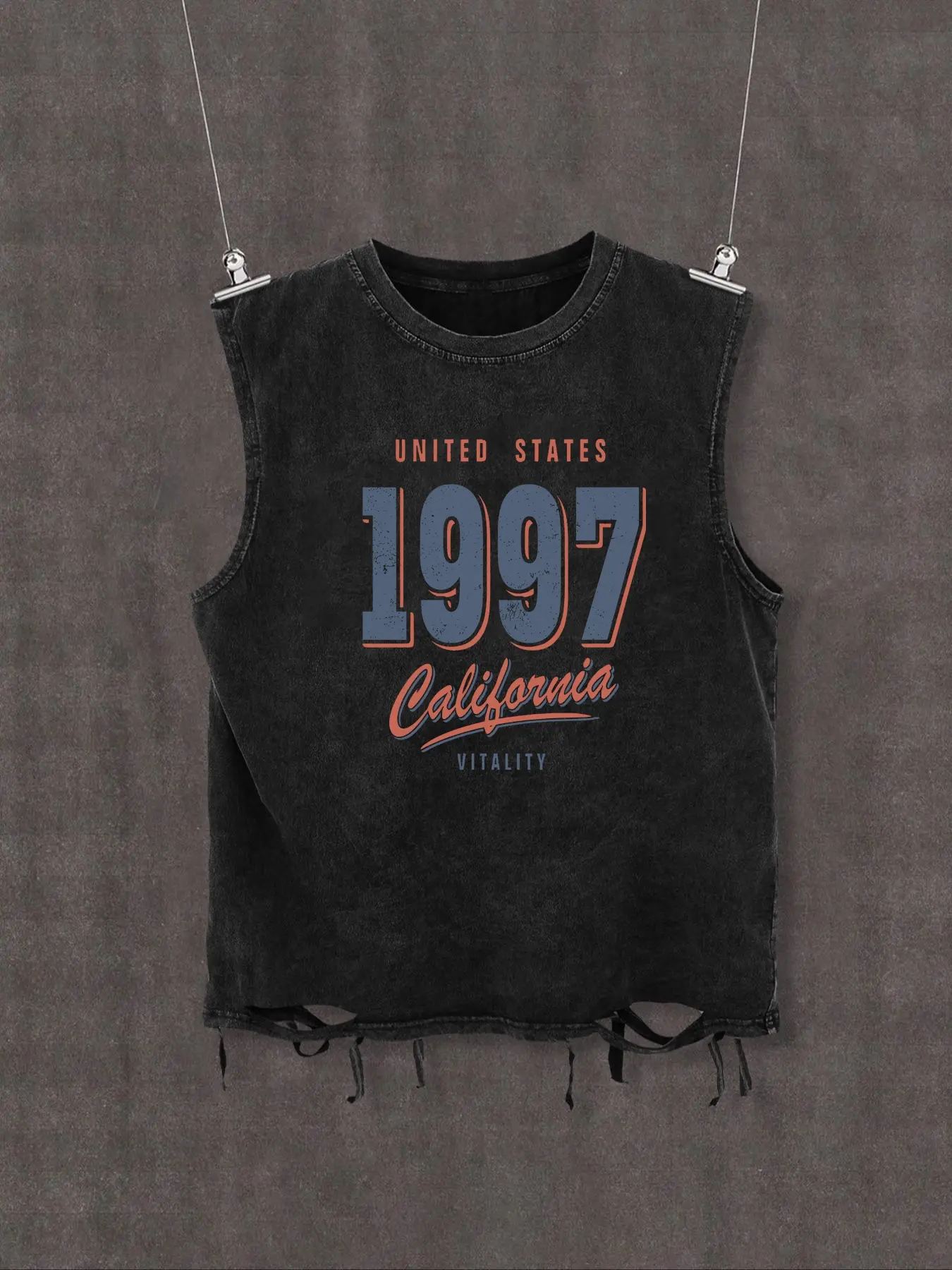 This men's streetwear vest features a washed-out, distressed, Graphic finish with numbers and letters, perfect for summer or school wear, showcasing a 2000s style.