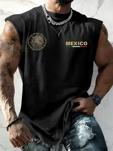 Men's Vintage Mexican Emblem Letter Print Sleeveless Casual Loose T-Shirt, Round Neck Vest Fashion Top, Comfortable Daily Wear, Graphic, Menswear, Streetwear