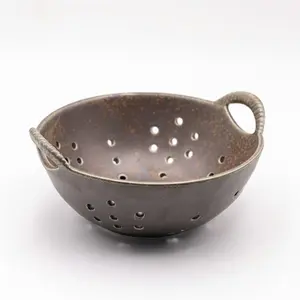 8" Ceramic Berry Colander with Handles, Reactive Glaze Fruit Washing Bowl, Rustic Stoneware Pasta Strainer for Kitchen (Charcoal Grey)