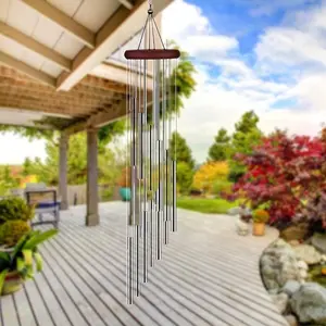 Outdoor Wind Chime, Garden Patio Balcony Hanging Decor, Wooden Top Plate, Healing Crisp Sound, Memorial Gift, Metal Wind Chimes