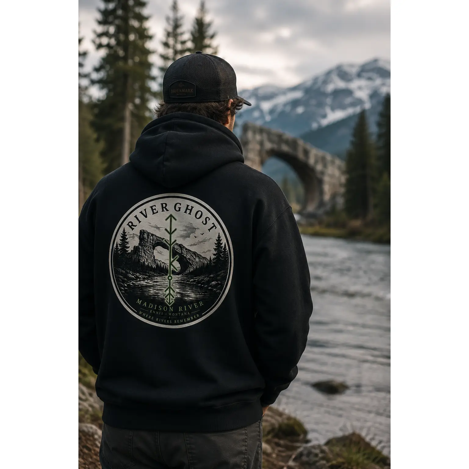 River Ghost Madison River Hoodie | Heavy Blend Hoodie | Montana Inspired Fly Fishing Hoodie | Nordic Outdoor Hoodie | Black Hoodie | Trout Fishing Gift | River Ghost Collection