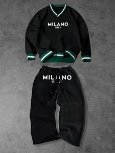 Street Casual Set Unisex Stacked Collar Sweatshirt Long Sleeve Print Pants Two-Piece Set, Colorblock, American Retro School Style Clothes