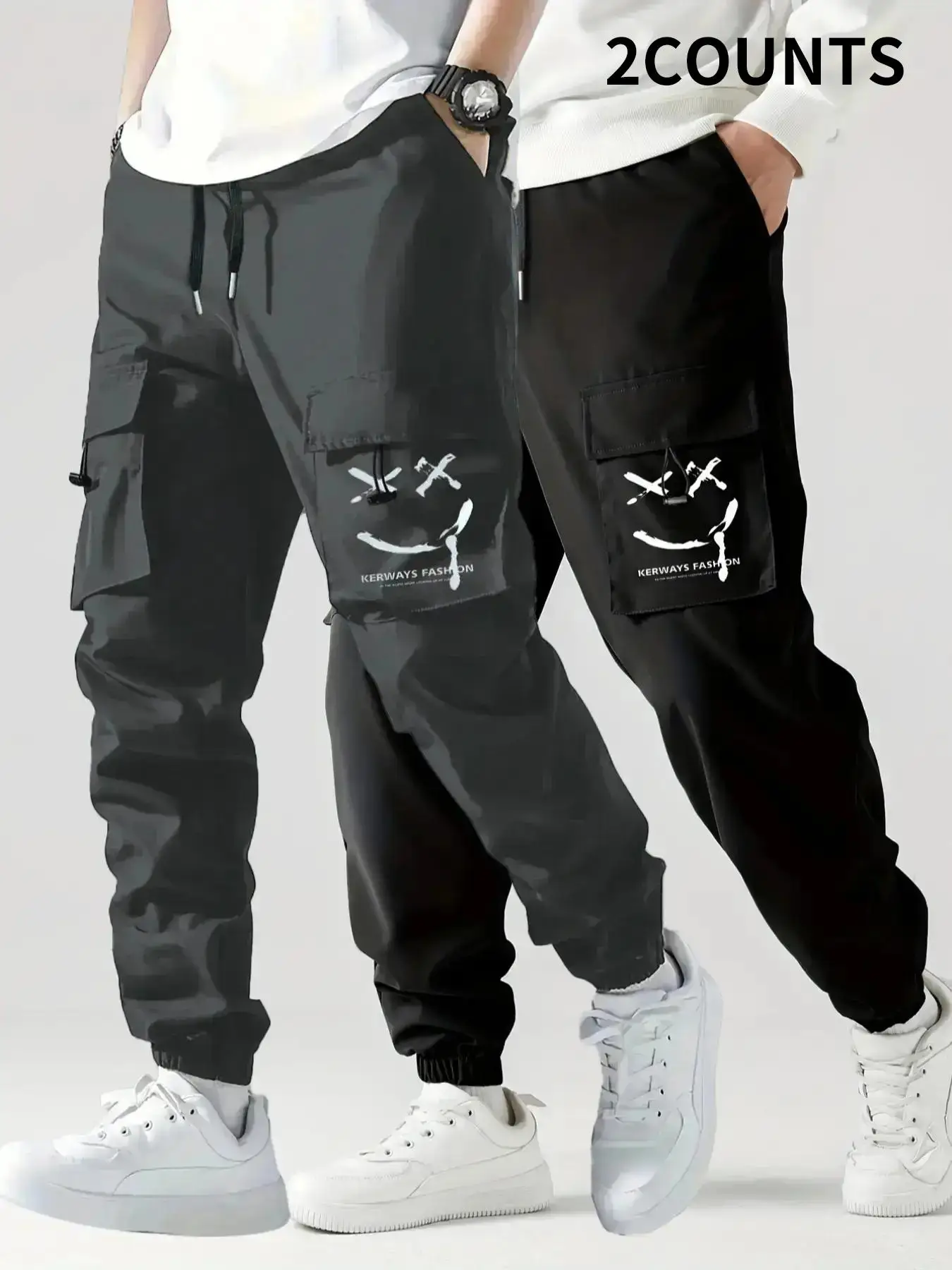 Men's 2pcs Cartoon Face & Letter Print Cargo Pants, Summer Outfits, Casual Regular Fit Pocket Drawstring Waist Jogger Cargo Trousers for Daily Wear, P