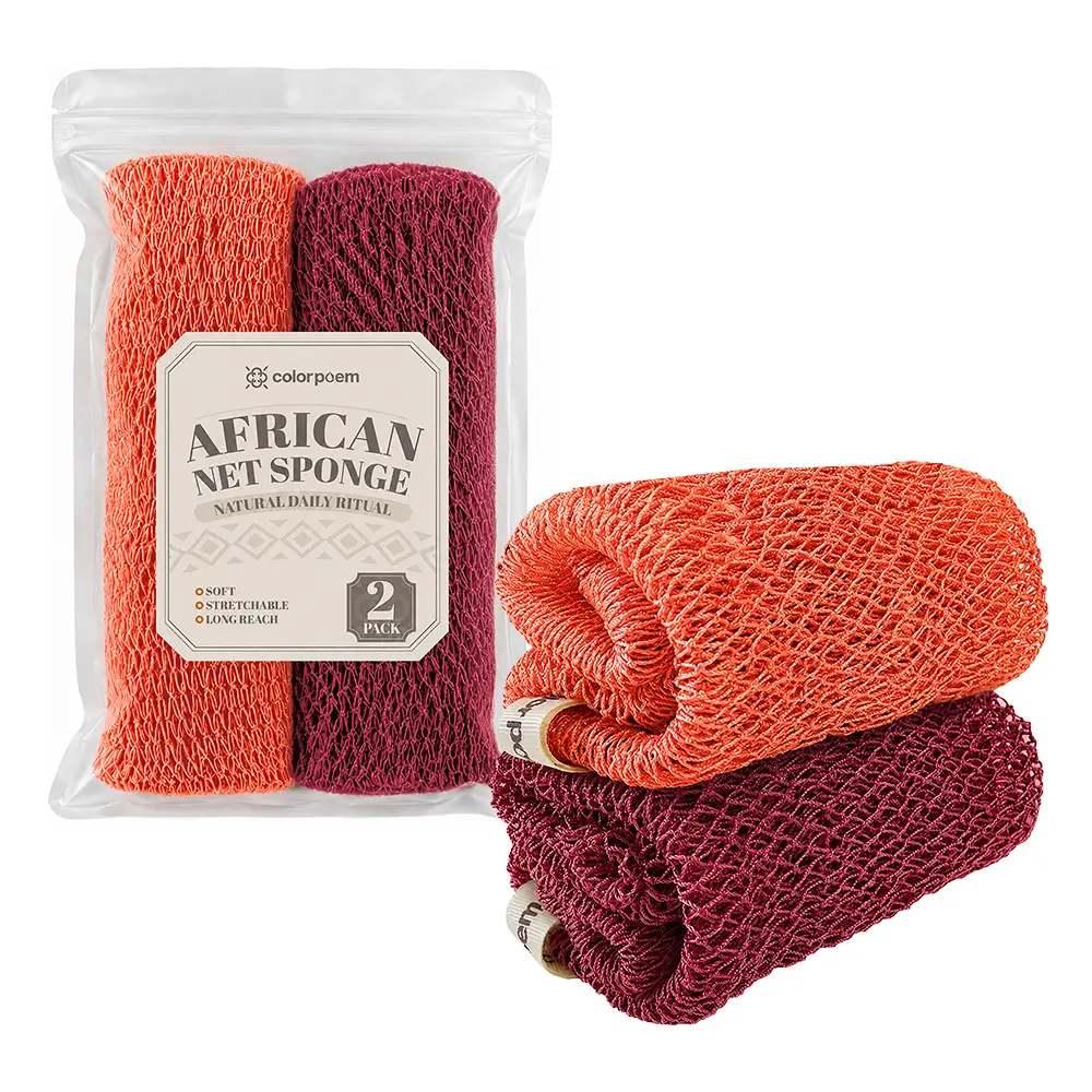 COLORPOEM African Exfoliating Net Sponge - 2 Pack Extra-Long Shower Body Scrubber, Rich Lather Mesh Loofah for Back Washing, Quick Dry Bath Sponge for Travel & Daily Use