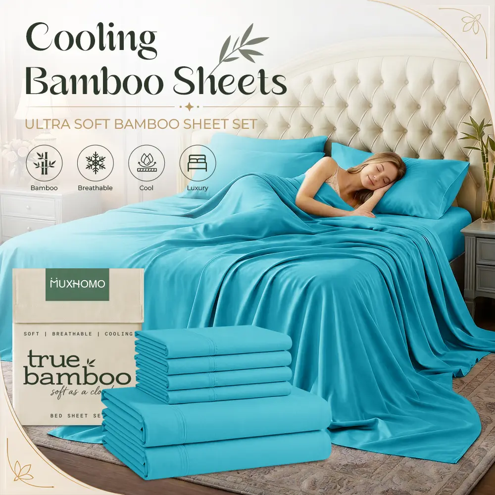 MUXHOMO Bamboo Cooling Bed Sheet Set, Queen Size Bedding Set, Soft Breathable Comforter, Deep Pocket Hotel Luxury Skin Friendly, Bedroom, Guest Room, Hotel Bedding Set